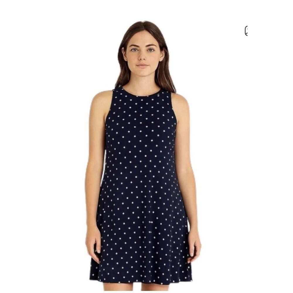 Anne Klein Navy Blue White Polka Dot Sleeveless Shift Dress SizeM/6